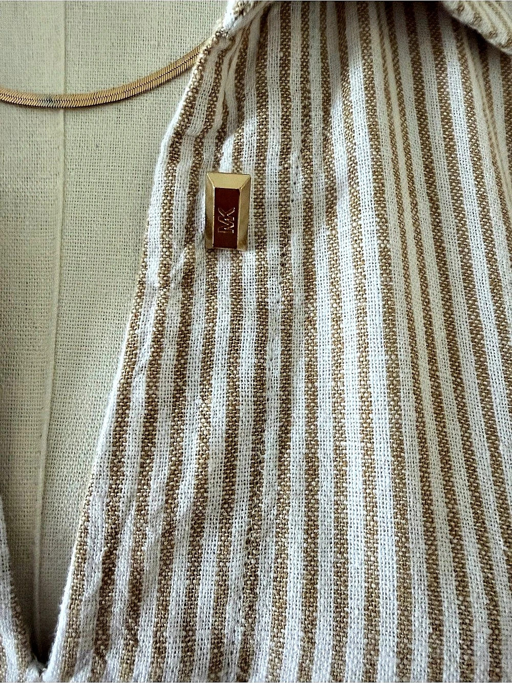 MICHAEL Michael Kors Linen Blend Striped Tunic Top Tan Cream L - Picture 3 of 11